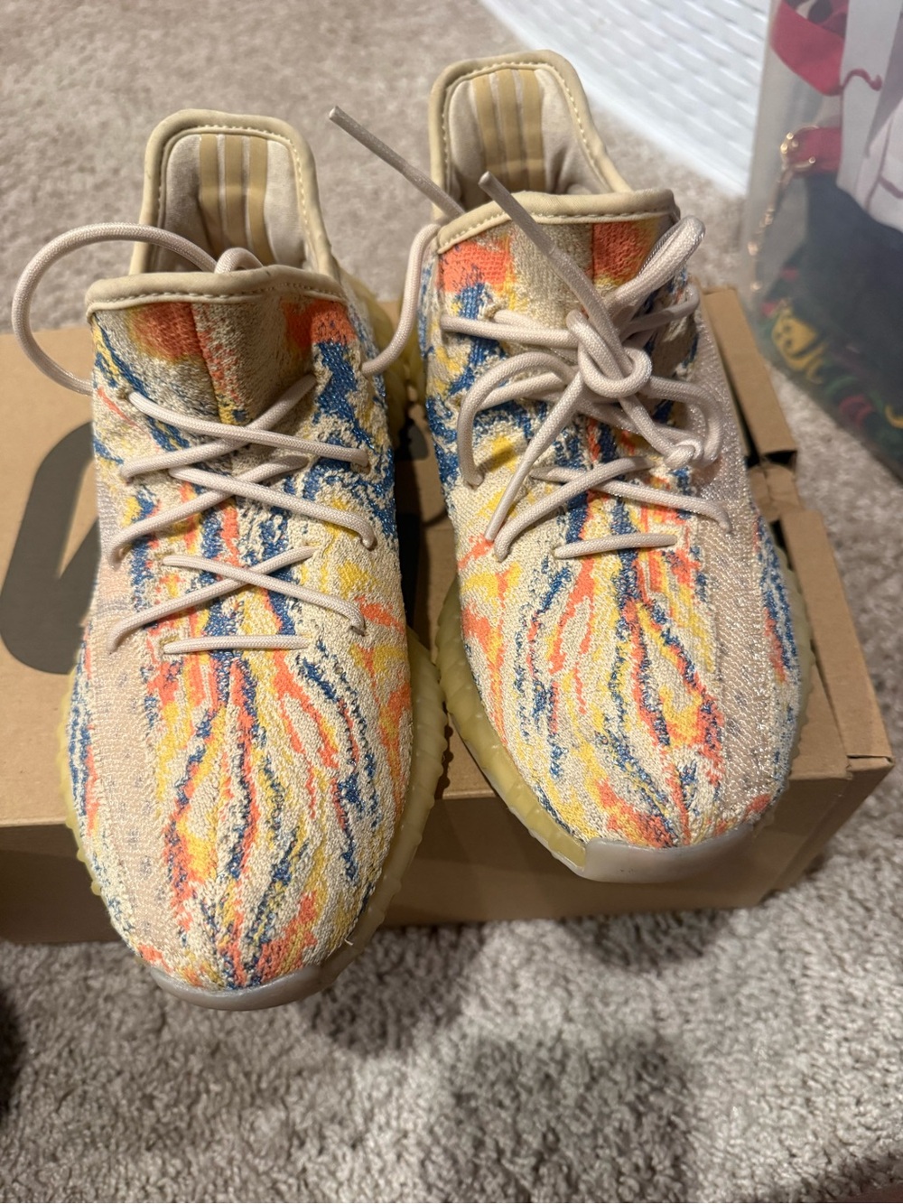 Yeezy Boost Multicolor Knit Sneakers - Beige with Orange, Blue & Yellow Accents